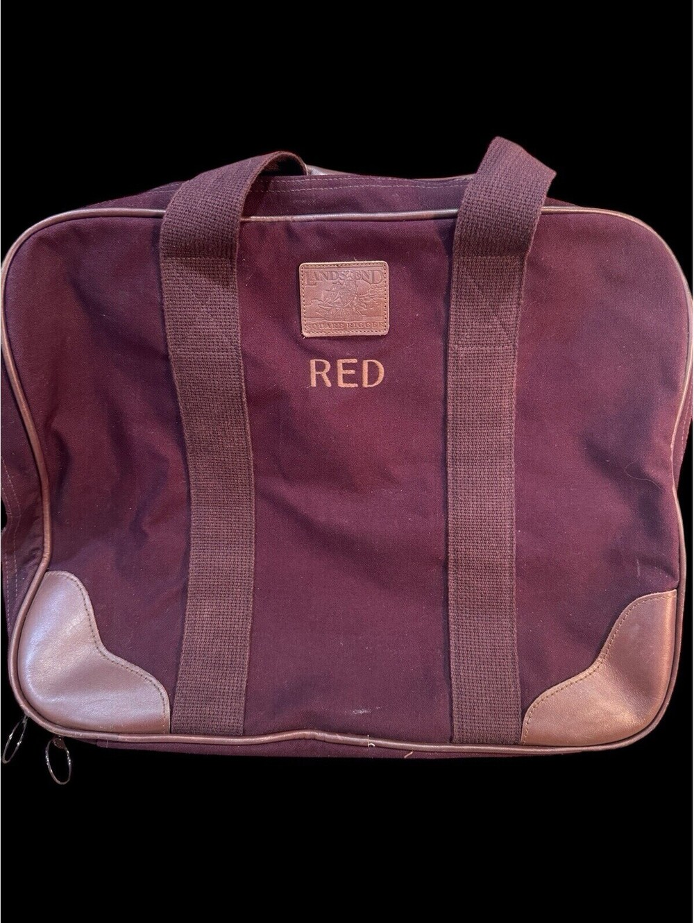 VINTAGE Lands' End Navy Canvas Luggage Bag w/Strap Made In USA Leather Trim